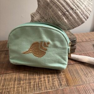 Spartina sea foam green cosmetic pouch with Gold Shell Embroidery
